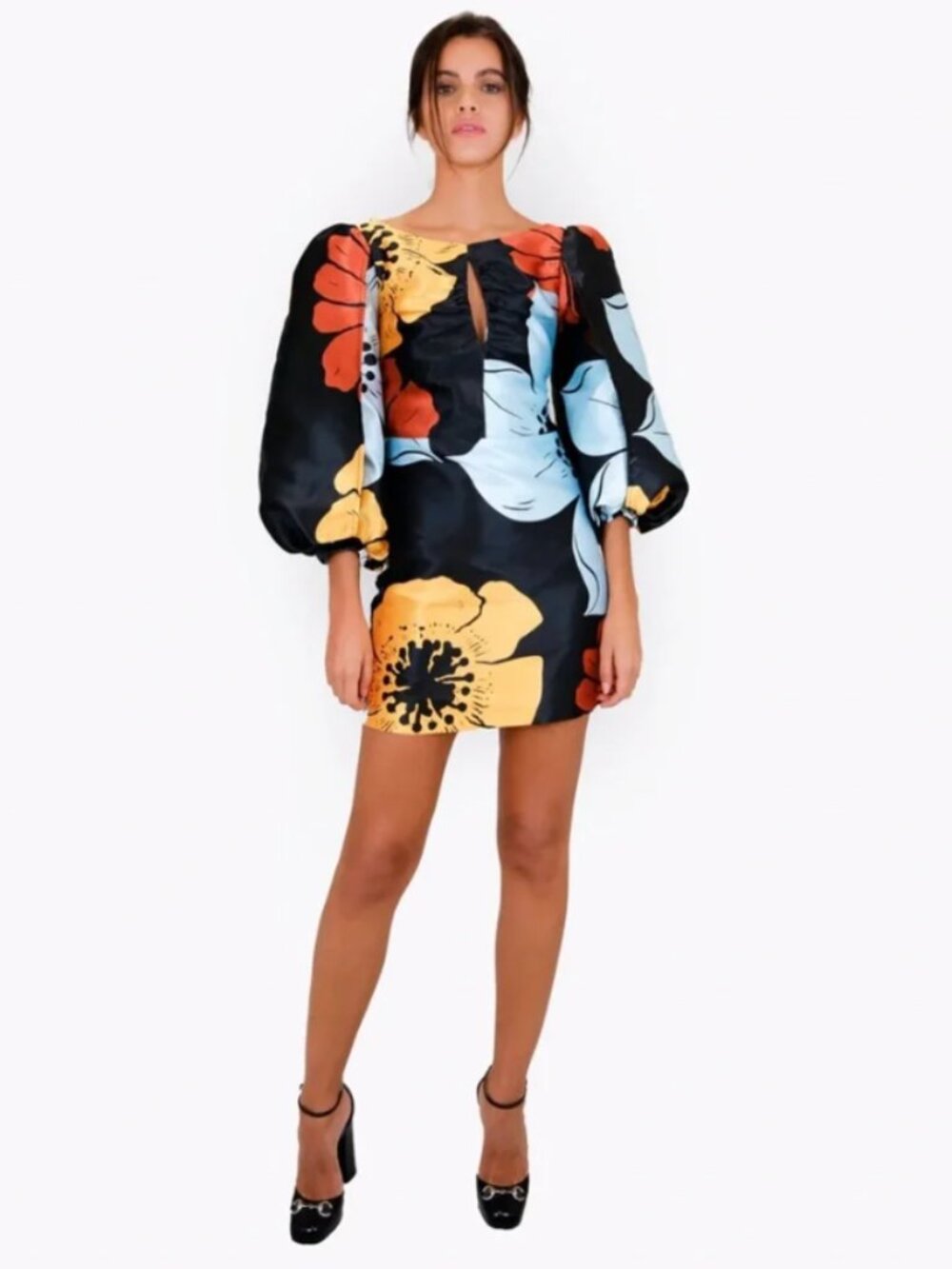 NWT Laagam Liza Mini Dress Open Back Bow Puff Sleeve Women's Small Black Floral